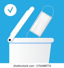 Medical mask is put into bin.  Somebody throws away, disposes of used surgical mask. Health care instruction vector illustration.