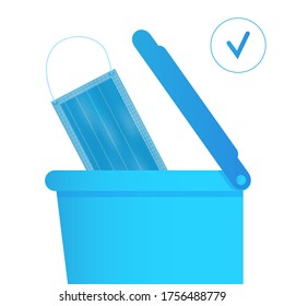 Medical mask is put into bin.  Somebody throws away, disposes of used surgical mask. Health care instruction vector illustration.