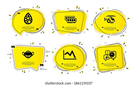 Medical mask, Ram and Medical helicopter icons simple set. Yellow speech bubbles with dotwork effect. Line chart, Artificial colors and Time management signs. Vector