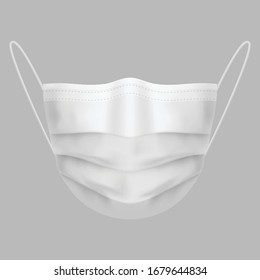 Medical Mask Realistic Illustration. White Breathing Respiratory Mask. Protection Against Viruses and Disease. The Hospital Protects Face Mask on Gray Background.