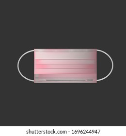Medical mask realistic vector illustration. Pink breathing respiratory mask. Protection against viruses and disease. Hospital protect face mask isolated on black background.