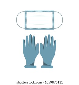 Medical mask and rubber gloves isolated on a white background. Concept: a reminder to take safety measures during the coronavirus epidemic. Vector illustration, flat cartoon design, eps 10.
