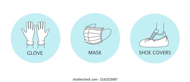 Medical mask, rubber gloves and shoe covers. Icons of personal hygiene and virus protection. Vector illustration.