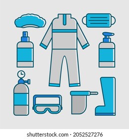 Medical mask, sanitizer spray, disinfection bottle, and antibacterial wipe. Covid personal protective equipment vector set.