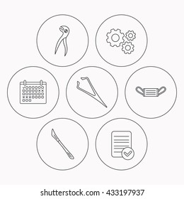 Medical mask, scalpel and dental pliers icons. Eyebrow tweezers linear sign. Check file, calendar and cogwheel icons. Vector