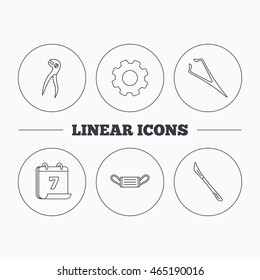 Medical mask, scalpel and dental pliers icons. Eyebrow tweezers linear sign. Flat cogwheel and calendar symbols. Linear icons in circle buttons. Vector