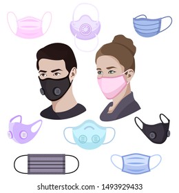 Medical mask set isolated on white, man and woman wearing medical anti virus mask, respiratory diseases covid-19 coronavirus protection and healthcare, vector illustration