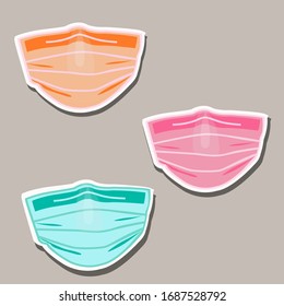 Medical mask, sticker. Pandemic safety, isolation. Coronovirus. Pink, yellow and turquoise face masks, stickers. Vector mockup isolated Label mask icon