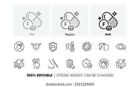 Máscara médica, ícones de Linha de stress e Quarentena. Pacote de Checklist, Não toque, ícone Myopia. Termômetro alto, mineral flúor, pictograma de pílulas de comer demais. Escudo, mineral de boro, coronavírus. Vetor