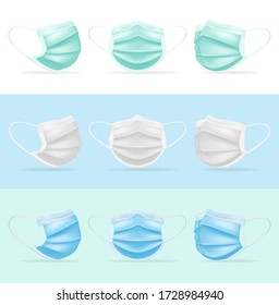 Medical mask surgical colored. Mask protection against coronovirus profile full face green white blue surgical safety against respiratory viruses bacteria, healthy breathing design. Color vector.