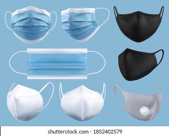 Medical mask, surgical mask, virus and infection protection. 3d realistic vector object set