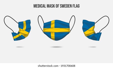 Medical mask from Sweden flag. Medical mask design from front side, right side and left side. Vector illustration of medical face mask to protect from Novel corona virus CoVid-19.