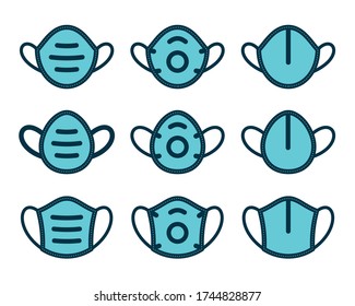 Medical mask symbols on white background. Flat filled contoured vector icon set.
