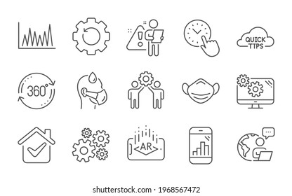 Medical mask, Time management and Full rotation line icons set. Settings, Sick man and Recovery gear signs. Employees teamwork, Line graph and Augmented reality symbols. Line icons set. Vector