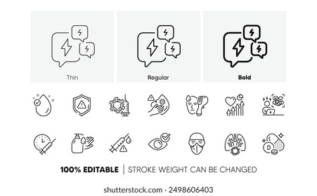 Medical mask, Vaccine attention and Stress line icons. Pack of Heart beat, Vitamin e, Difficult stress icon. Electronic thermometer, Dirty mask, Wash hands pictogram. Coronavirus vaccine. Vector