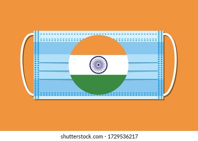 Medical mask vector with a round flag of India  on a orange background. Flat design