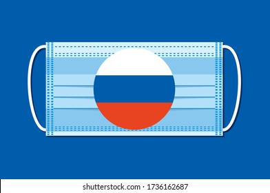 Medical mask vector with a round flag of Russia on a blue background. Flat design