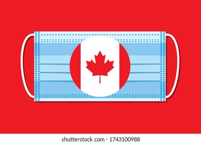 Medizinischer Maskenvektor mit einer runden Flagge Kanadas auf blauem Hintergrund. Flachdesign