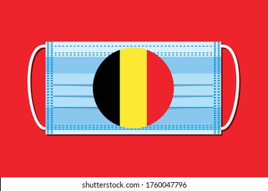 Medical mask vector with a round flag of Belgium on a blue background. Flat design