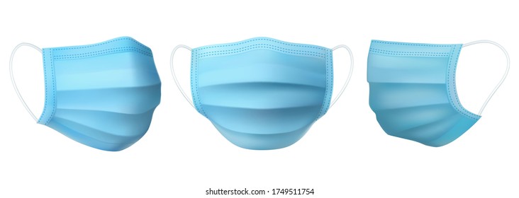 Medical mask, vector set, realistic blue mockup