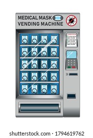 Medical mask vending machine. Coronavirus Covid-19 preventive protective measure. New normal. Easy to buy the mask in mall, airport and other public places. Vector illistration EPS 10.