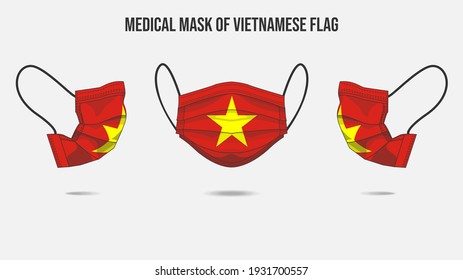 Medical mask from Vietnam flag. Medical mask design from front side, right side and left side. Vector illustration of medical face mask to protect from Novel corona virus CoVid-19.