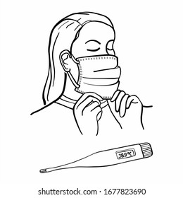 Medical mask. Virus and dust protection. The woman's face is covered with a soft medical mask.