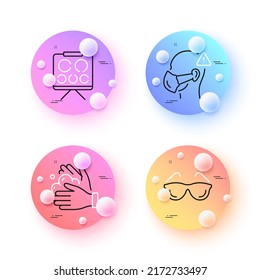 Medical Mask, Wash Hands And Eyeglasses Minimal Line Icons. 3d Spheres Or Balls Buttons. Vision Board Icons. For Web, Application, Printing. Face Respirator, Soap Washing, Optometry. Eye Check. Vector