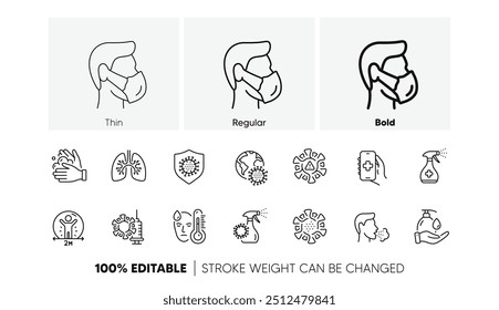 Mascarilla Médica, Lavarse Las Manos, Síntomas Del Virus Del Corona. Iconos de la línea del coronavirus. Distancia social, desinfectante de manos, iconos de línea de máscara facial. Pandemia de Covid-19, Enfermedad Pulmonar, higiene por coronavirus. Vector