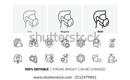 Medical Mask, Washing Hands, Corona Virus Symptoms. Coronavirus line icons. Social Distance, Hand Sanitizer, Face mask line icons. Covid-19 pandemic, Lung Disease, coronavirus hygiene. Vector