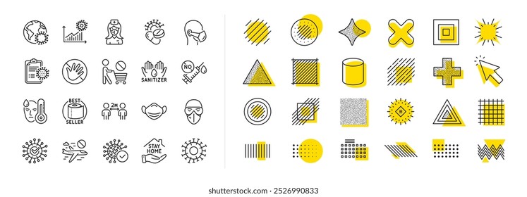 Mascarilla médica, higiene de manos, gafas protectoras. Diseñar Elementos de forma. Iconos de la línea del coronavirus. Quédate en casa, desinfectante de manos, iconos de la máscara de la epidemia de coronavirus. Vector