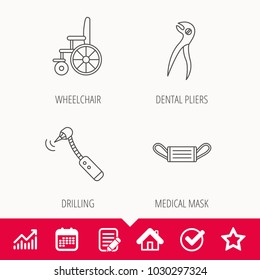 Medical mask, wheelchair and dental pliers icons. Drilling tool linear sign. Edit document, Calendar and Graph chart signs. Star, Check and House web icons. Vector