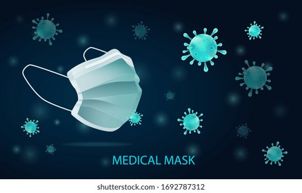 Medical mask wth airborne virus molecules floating around it in a concept of the Covid-19 or coronavirus pandemic, vector illustration