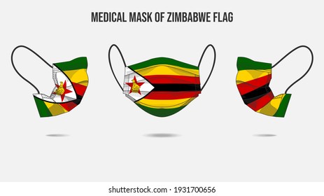 Medical mask from Zimbabwe flag. Medical mask design from front side, right side and left side. Vector illustration of medical face mask to protect from Novel corona virus CoVid-19.