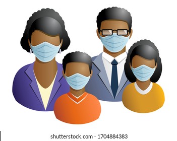 Medical masked African American Family people avatars icon isolated on white background.  Parents and son with daughter. Vector illustration