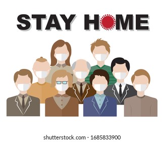 medical masked human portraits of different ethnic backgrounds. call to stay home against the virus that surrounds the world. graphic, vector, banner.