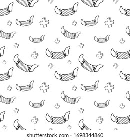 Medical masks. Healthcare doodle pattern. Hand drawn face masks on transparent backdrop. Seamless vector background.