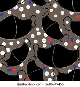 Medical masks and medicines vector seamless pattern for backgrounds, packaging, for coronavirus publications.