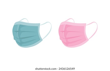 Medical masks. Masks to protect against viruses and diseases. Protective medical masks in green and pink colors. Vector illustration