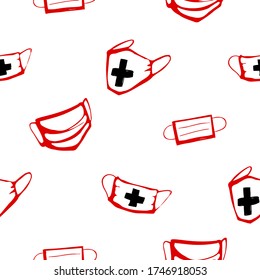 Die Medizin maskiert nahtlose Muster. Symbole zur Quarantäne und zum Schutz von Coronavirus. Doodle-Elemente auf weißem Hintergrund. Covid pandemische Tapete.