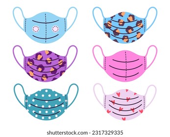 Medical masks set. Face protection mask, pollution and disease protective medical masks with cute design flat vector illustration collection