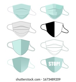 Medical masks smog dust. Danger protection or health disease cough breath protective devices allergy for hospital flat vector set