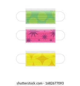 Medical masks with various prints isolated on white background. Coronavirus.  Flat style, vector illustration.