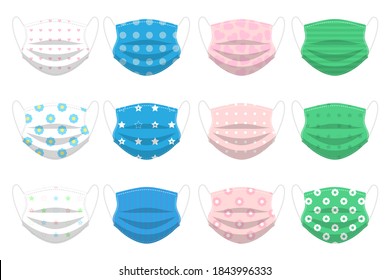 Medical masks in white, blue, pink and green colors with patterns of stars, flowers, hearts, stripes and circles. Set of vector illustrations