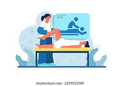 Medical massage medicine blue concept with people scene in the flat cartoon style. The specialist massages the patient to reduce joint pain. Vector illustration.