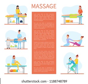 Medical massage room cartoon sample banner with text. Hot stone and facial, with apparatus and self, on armchair and on rug, treatment massaging session