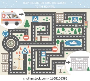 Medical maze for children. Preschool medicine activity. Funny puzzle game with cute emergency car and clinic. Help the ambulance get to the hospital
