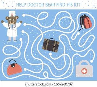 Medical maze for children. Preschool medicine activity. Funny puzzle game with cute doctor bear and lost first aid kit. Help the doctor find his bag