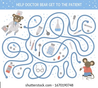 Medical maze for children. Preschool medicine activity. Funny puzzle game with cute doctor bear, ill mouse, pills, med equipment. Help the doctor get to the patient