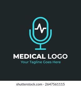 Design de logotipo de Podcast de mídia médica - Microfone moderno com linha de batimento cardíaco